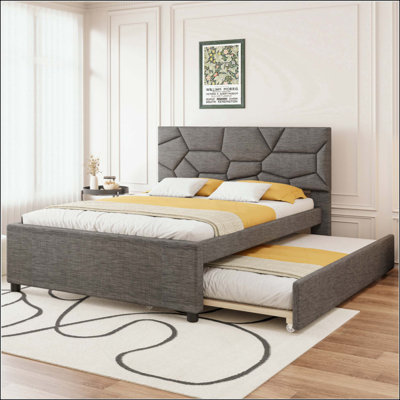 Lit plateforme tapissier avec tête de lit et lit gigogne à motif brique