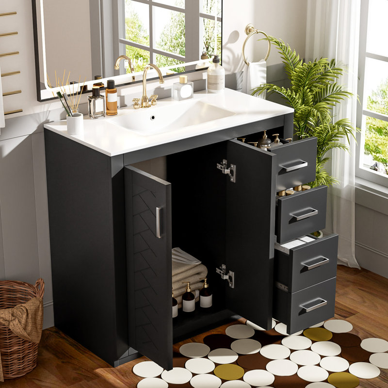 36'' Bathroom Vanity with Ceramic Sink, Solid Wood Frame Storage Cabinet, Black, Silver
