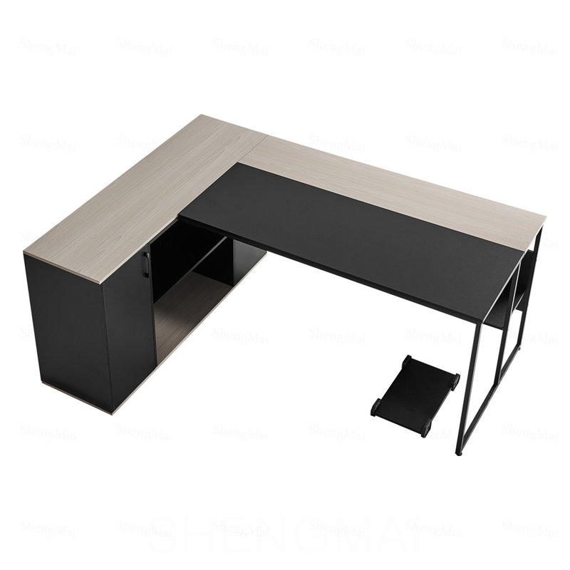 Bureau de direction en L, grande table de bureau moderne avec tiroirs et armoire de rangement, table de direction en bois robuste avec support pour unité centrale, capacité de charge de 350 lb, assemblage facile, pour une étude de travail