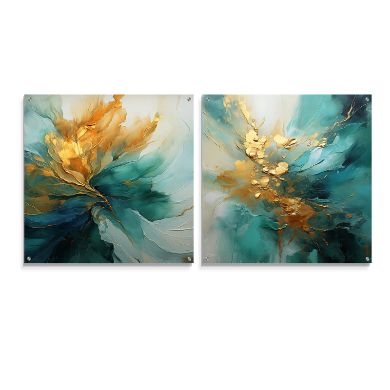 Or et sarcelle aurore harmonie - spirales abstraites acrylique ensemble d'art en verre de 2, H 36 po x l 73 po