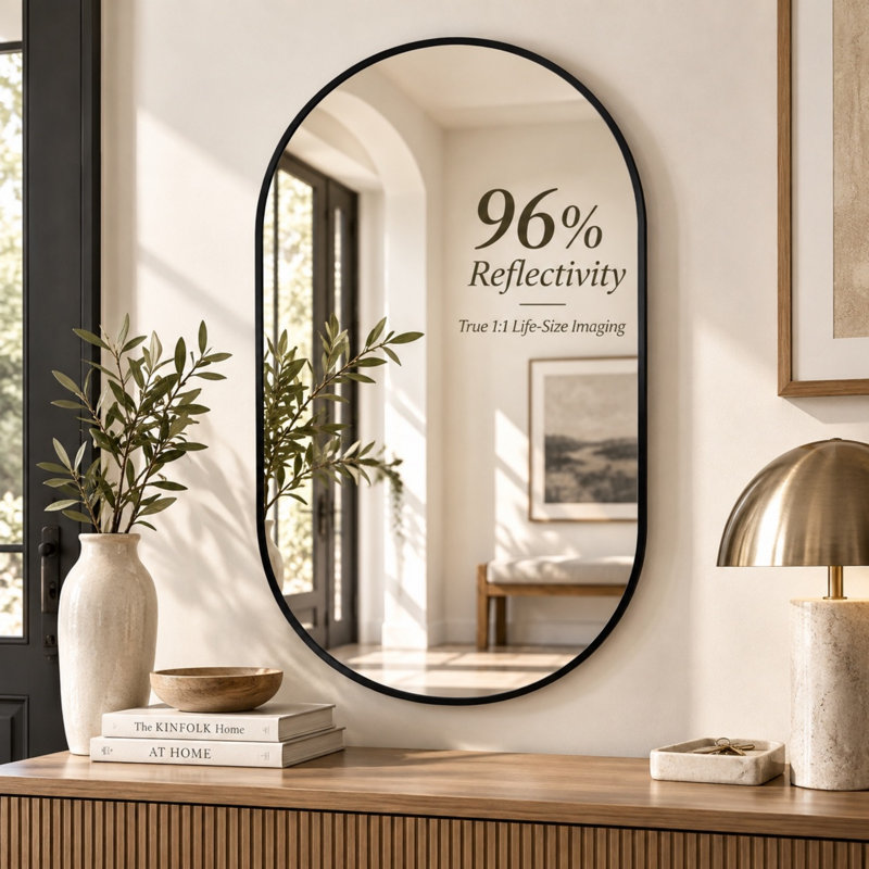Ensemble de 1 miroir mural ovale en aluminium incassable 33 po x 20 po x 1,1 po, forme ovale, finition brossée