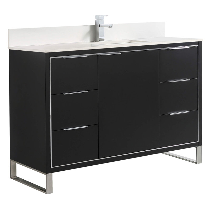Ensemble de meuble-lavabo simple autoportant 48 po avec plateau en pierre Gery, Noir mat, Chrome