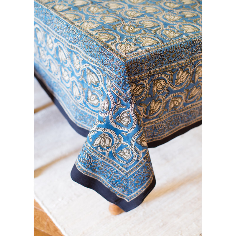 Oppenheimer Dabu Vine Block Printed Tablelcoth, 90" x 60", Blue