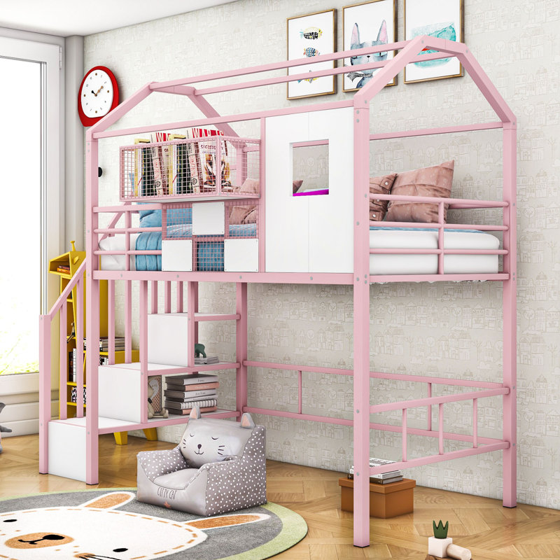 Twin Size Metal Loft Bed With Roof Design And Staircases, Pink