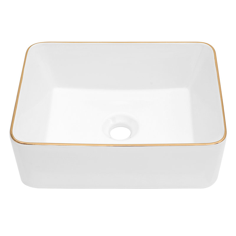16X12 Inch White Ceramic Rectangular Vessel Bathroom Sink, White/Gold
