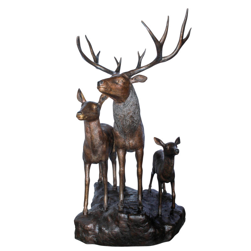 Sculpture de famille de cerfs en bronze grandeur nature pour exposition extérieure 48 po x 50 po x H 81 po