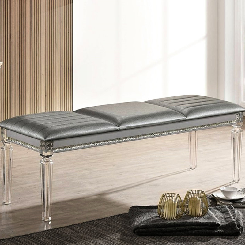 Banc de chambre à coucher avec structure en bois massif et pieds en acrylique avec cristaux de couleur argentée