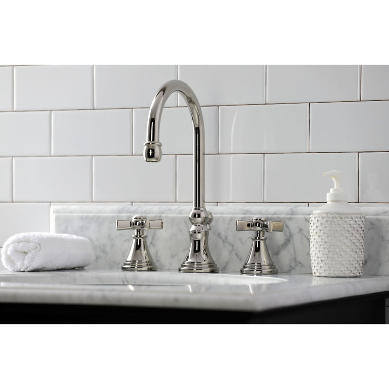 Kingston Brass Millennium Two-Handle 3-Hole Deck Mount Widespread Bathroom Faucet with Brass Pop-Up Drain, Polished Nickel