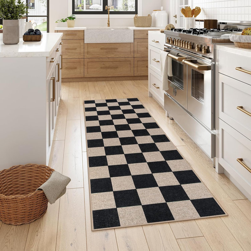 Tapis lavable à motif damier Vilena - motif texturé audacieux pour le salon, la chambre à coucher ou la cuisine