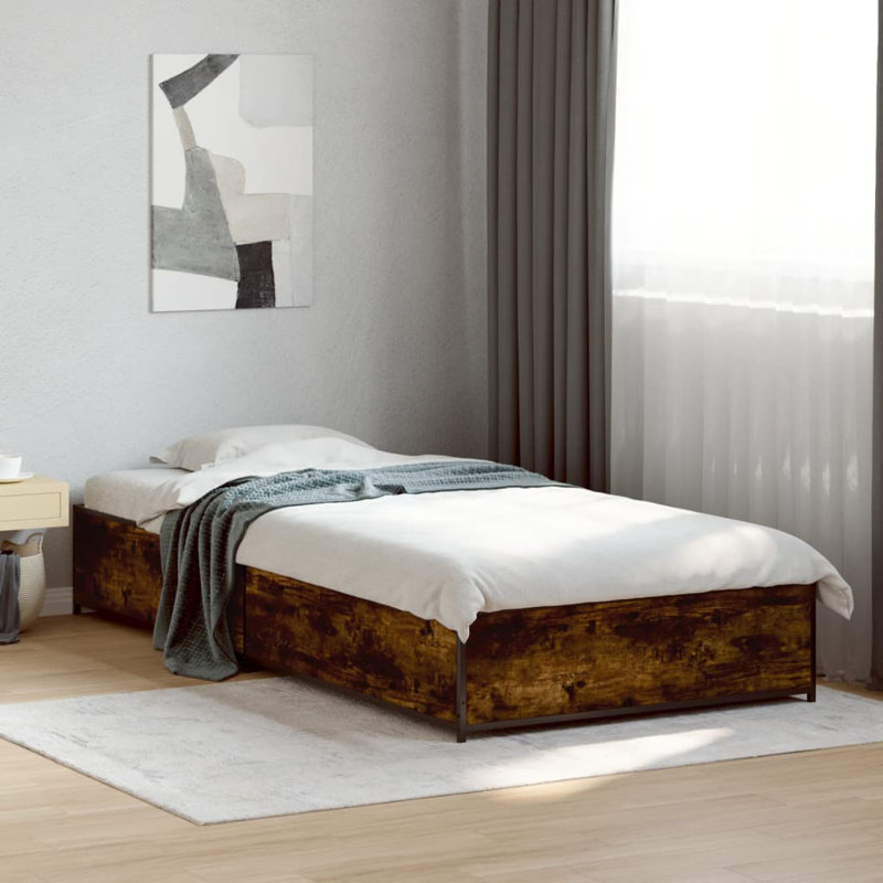 Structure de lit vidaXL Bois d'ingénierie, métal double durable, Chêne fumé, 39,4 po x 78,7 po