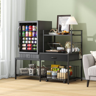Mini Fridge Stand With Storage, Mini Refrigerator Stand With Power Outlet, Wine Fridge Table With Movable Storage Basket, Heavy Duty Beverage Refrigerator Table For Dorm Home Use (black)