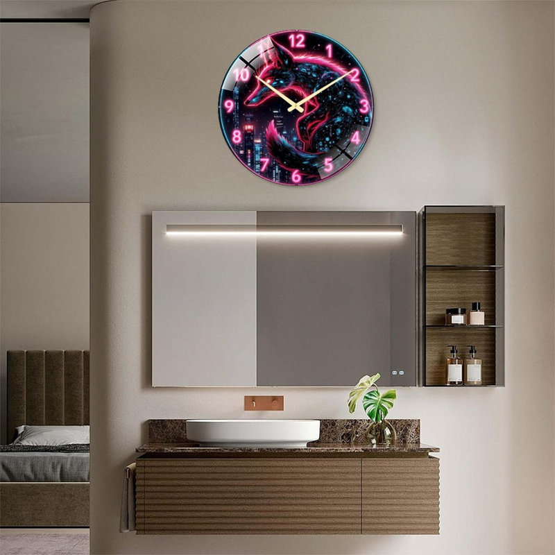 Neon Fox Wall Clock Art - 24‘’ Modern Glass Wall Clock