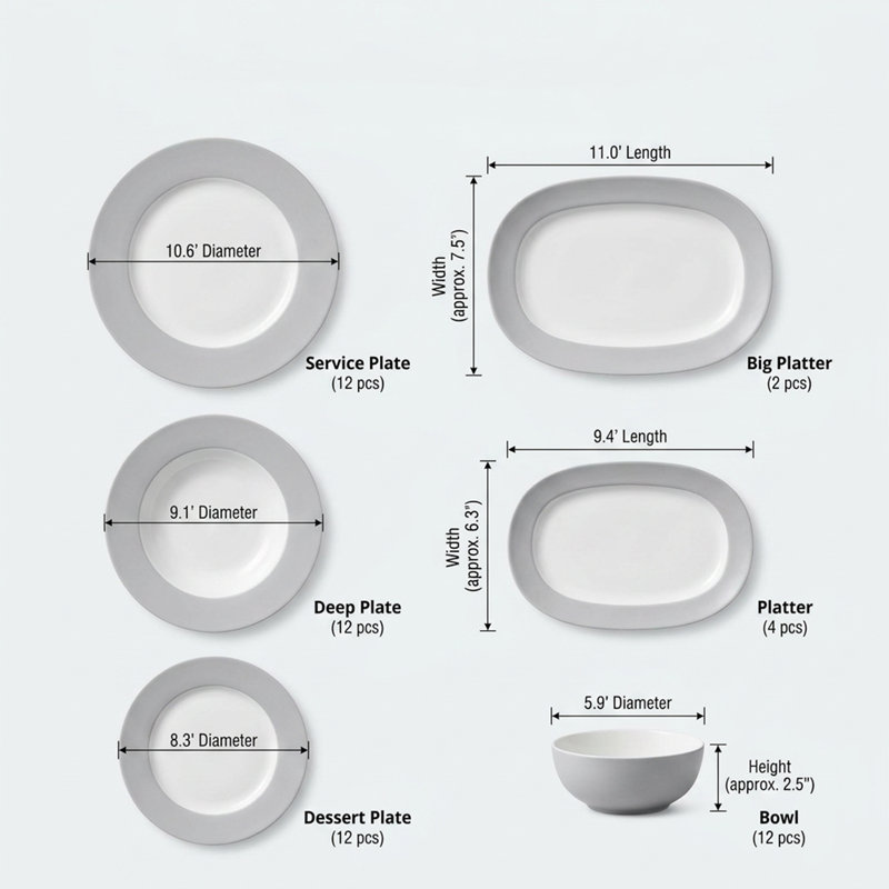 Service de table en porcelaine grise et dorée Kensington (service de 68 pièces pour 12 personnes)