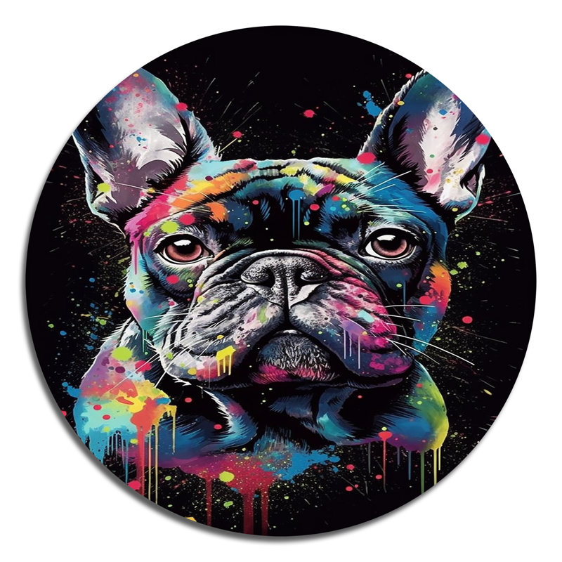 Portrait de bouledogue noir et bleu - animaux, art rond en métal, H 23 po x l 23 po