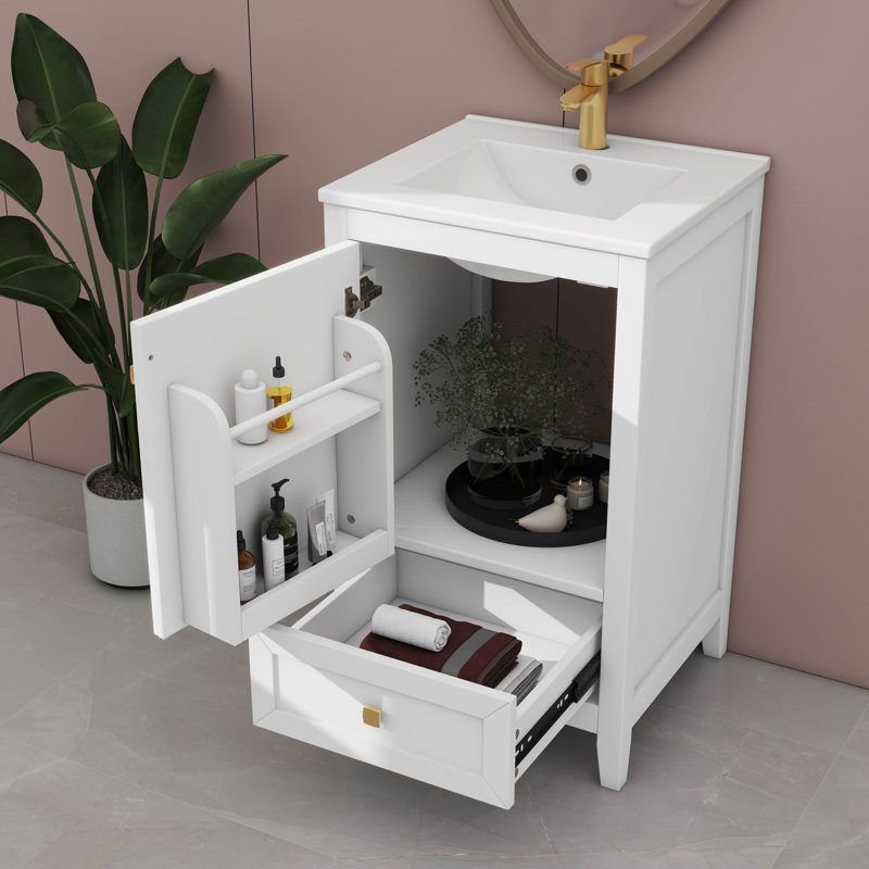 Meuble-lavabo autoportant de 20 pouces avec lavabo, armoire avec porte à fermeture douce, support de rangement et tiroir inclus