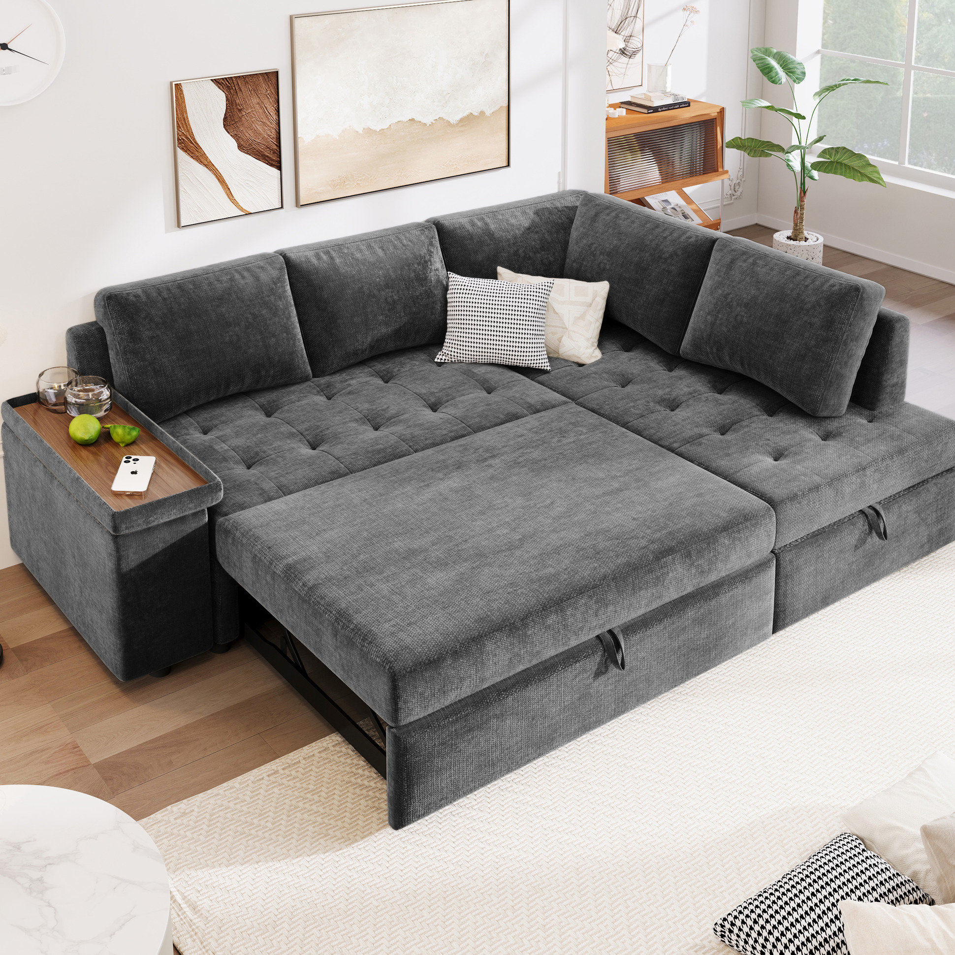 Latitude Run® Spacious L Shaped Couch With Pull Out Bed And Storage ...