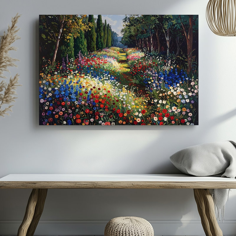 Art mural jardin enchanté sentier de fleurs sauvages impressionnistes prairie sur toile prête à accrocher décor de maison de qualité supérieure