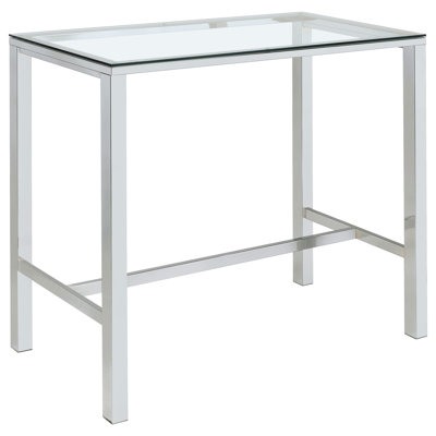 Table de bar rectangulaire de style pub rectangulaire avec dessus en verre trempé transparent et structure en métal chromé poli. Table de comptoir moderne et minimaliste idéale pour les bars, salles à manger et lofts à domicile.