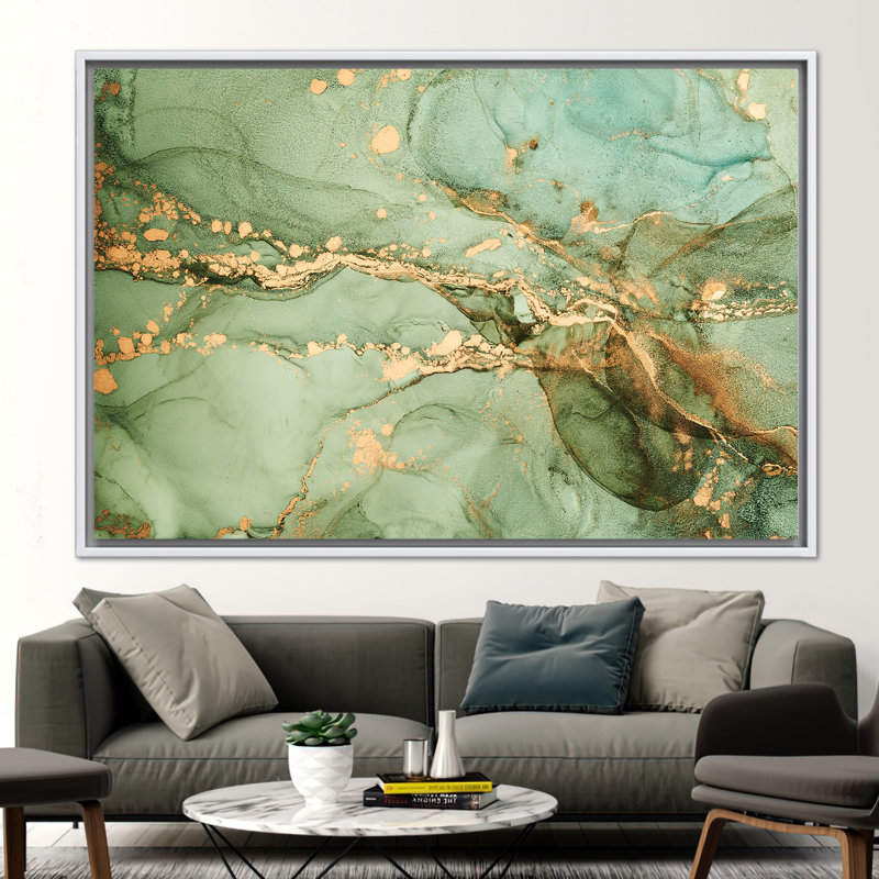 Décoration murale en marbre vert et or de luxe: art moderne, encre alcoolisée sur toile, H 10 po x l 14 po, Blanc