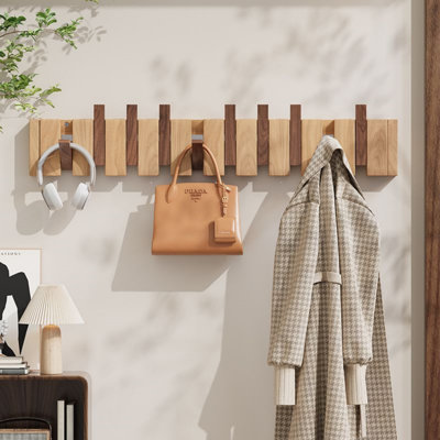 Porte-clés mural en bois massif | Rangement à 12 crochets pour vestibule et sac | Installation sans perceuse | Style nordique moderne