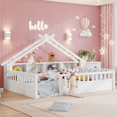 Full Kids Wood Floor Bed with Roof Frame, LED Light & Storage Bookshelves, Montessori House Floor Bed with Guardrails,White