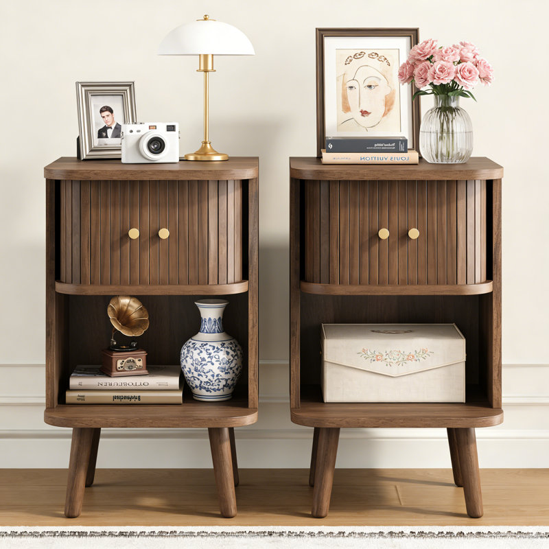 Set of 2 Mid-Century Modern Fluted Walnut Nightstands with Charging Station, Bedroom Bedside Tables with Sliding Tambour Doors, Storage Cabinet & Open Shelf End Tables