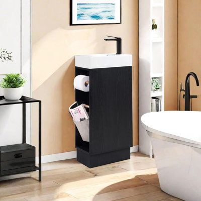 Lavabo de salle de bain en noyer noir de 16 pouces pour les petites salles de bain - avec lavabo en pierre, charnières silencieuses et solution de rangement à deux couches, conception compacte, porte-papier hygiénique, service à la clientèle réactif