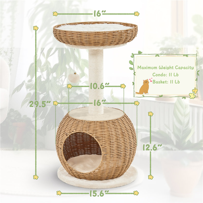 Arbre à chat en rotin avec poteau en sisal naturel Emercyn H 29,5 po
