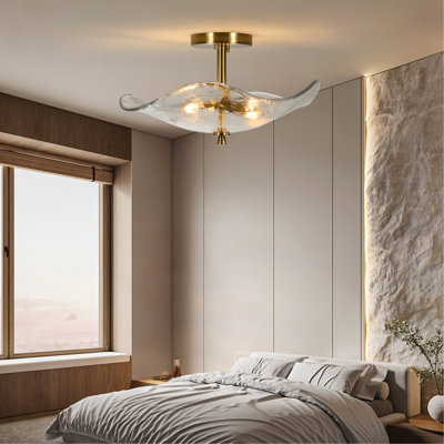 16.5" Glass Semi Flush Mount Ceiling Light Fixture, 2-Lights Close to Ceiling Light, Modern Gold Ceiling Light Fixture for Bedroom Bathroom Hallway Entryway Kitchen Dining Room