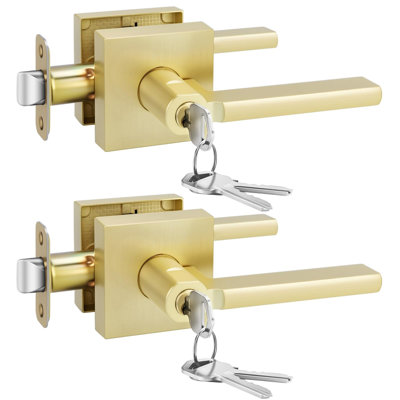Door Levers with Lock and Key, Zinc Alloy Heavy Duty Brushed Gold Locking Exterior Door Lever, Keyed Door Lever with Locks and Keys for Bedroom (2 Pack)