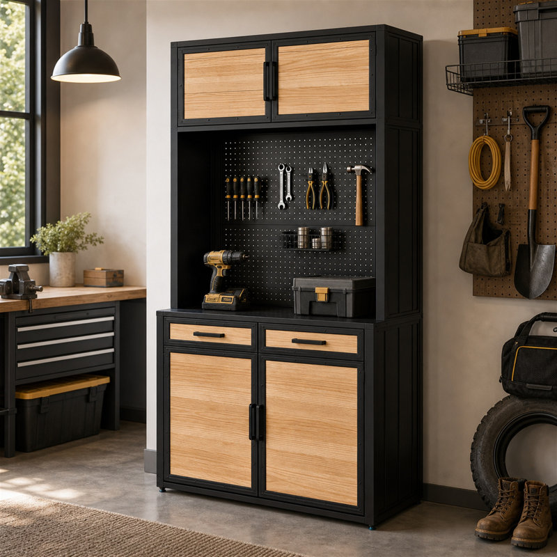Armoire de rangement industrielle en bois de pin et fer Aaliyah H 83 po avec huche en panneau perforé, armoires supérieures