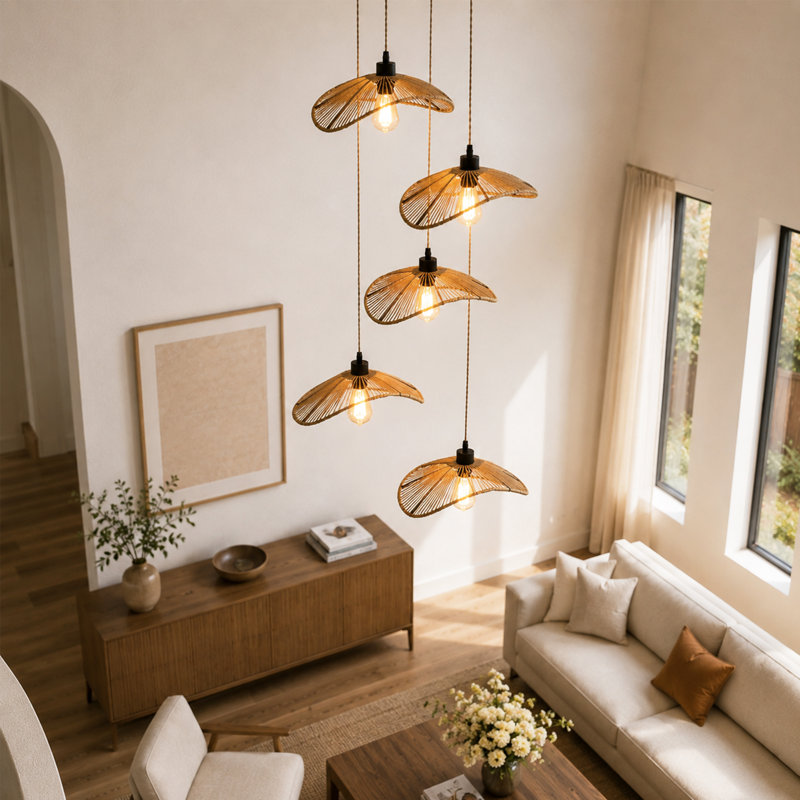 Luminaire suspendu en rotin 5 lumières à intensité variable, Natural, 5 Lights