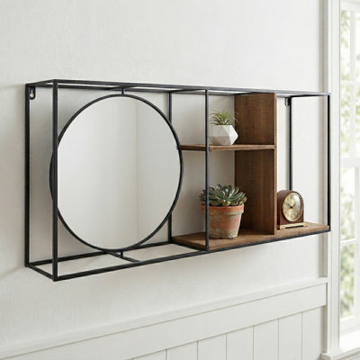 Elegant Rectangular Wood Metal Wall Storage Shelf with Round Mirror Accent for Home Decor - Wall Organizer Shelf for Living Room Styling - Brown & Black