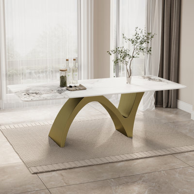 Table de salle à manger rectangulaire moderne, table de cuisine blanc brillant avec plateau en pierre frittée, pieds en acier en forme de N
