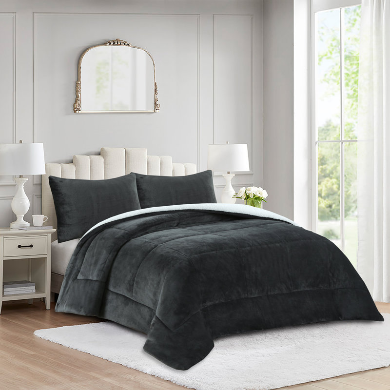 3-Piece Micromink Sherpa Comforter Set–Soft Fluffy Plush Comforter with 2 Pillowcases, King Comforter + 2 King Pillowcases