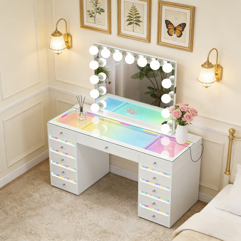 Vanity Desk With Rgb Light Including Vanity Mirror