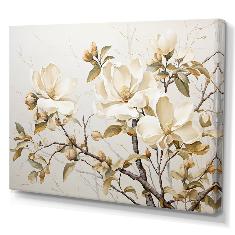 «Elegant Beige Magnolias Tranquility - Magnolias», art mural sur toile, Toile tendue, H 24 po x l 32 po x P 1 po