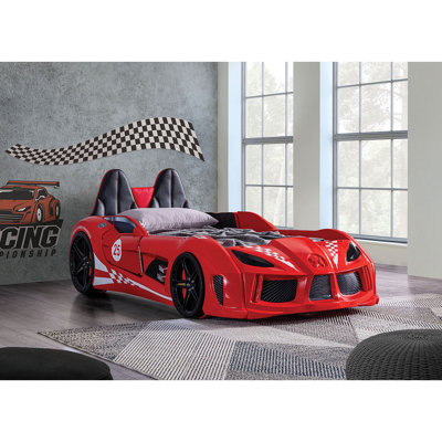 Bed Race Car Design Modern Novelty Style Attached Two Magnetic Doors With LED Lights On Wheels Bottom Upholstery HB