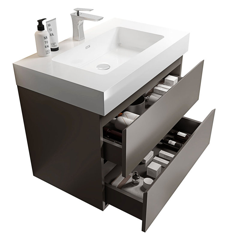 Meuble-lavabo de salle de bain avec lavabo, grand meuble-lavabo mural avec rangement, Gris