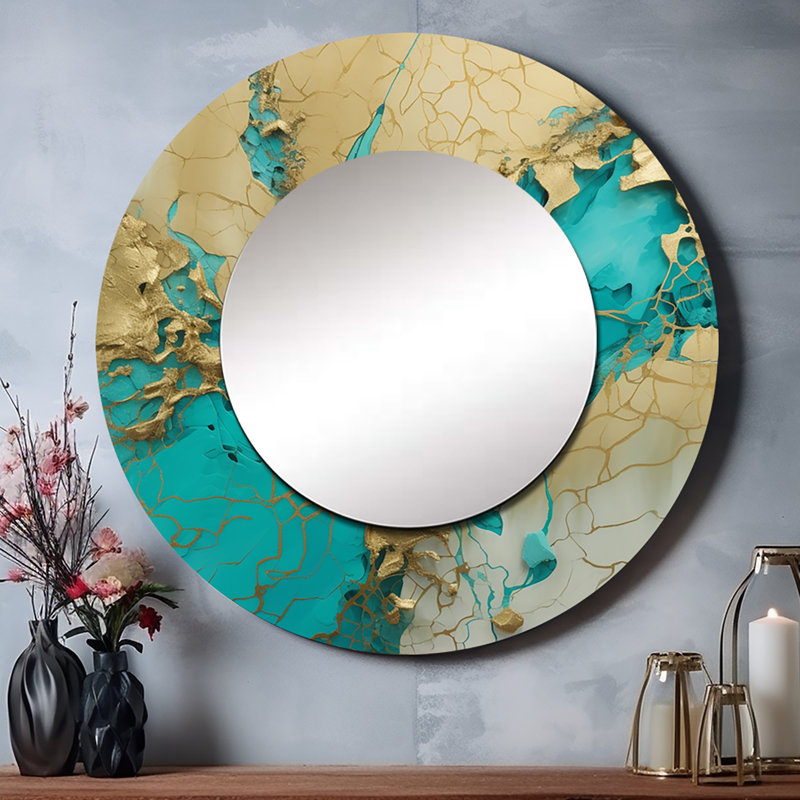 Encre liquide captivante Panaggio Turquoise Gold - marbre, miroir mural rond turquoise, 23 po x 23 po