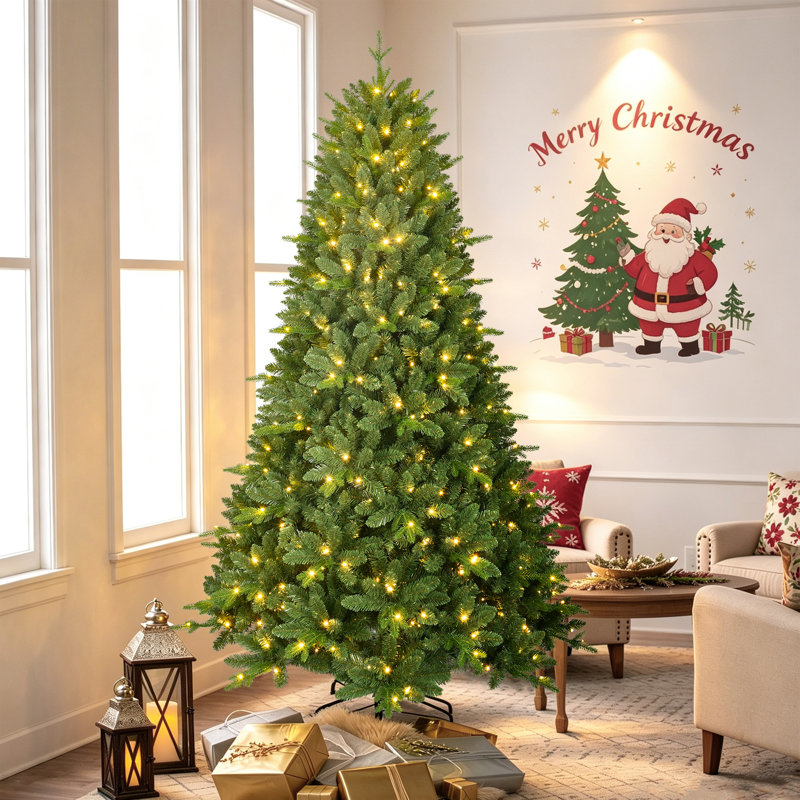 Arbre de Noël artificiel pré-éclairé avec lumières blanc chaud et embouts de branches mixtes en PVC / PE, 7'