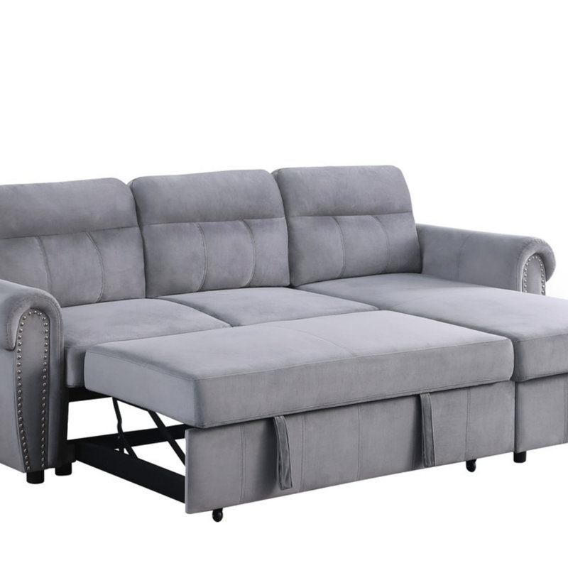 Velvet Fabric Reversible Sleeper Sectional Sofa Chaise, Gray