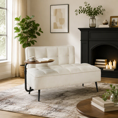 Canapé moderne deux places en velours avec table d'appoint pivotante à 360°, 137 cm, fini clouté cuivré, pour salon et chambre.