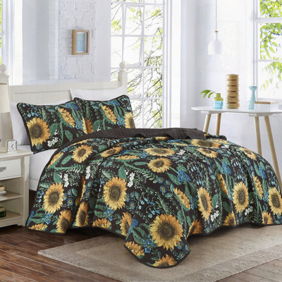 Sunflower Reversible 3-Piece Microfiber Bedspread Set – Floral Print, Queen
