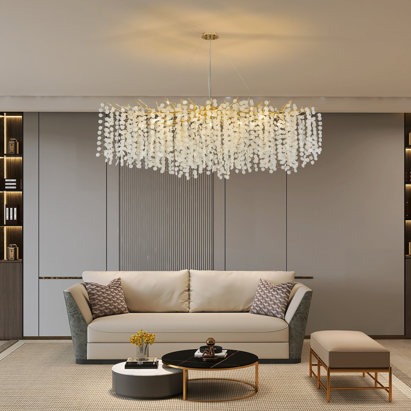 Akari Lanterns Akari Tree Branch Glass Art Gold Coin Chandelier ...