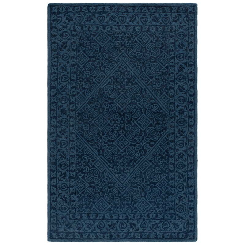 Pimentel Hand Tufted Wool/Cotton Geometric Rug in Navy Blue, Rectangle 5' x 8'