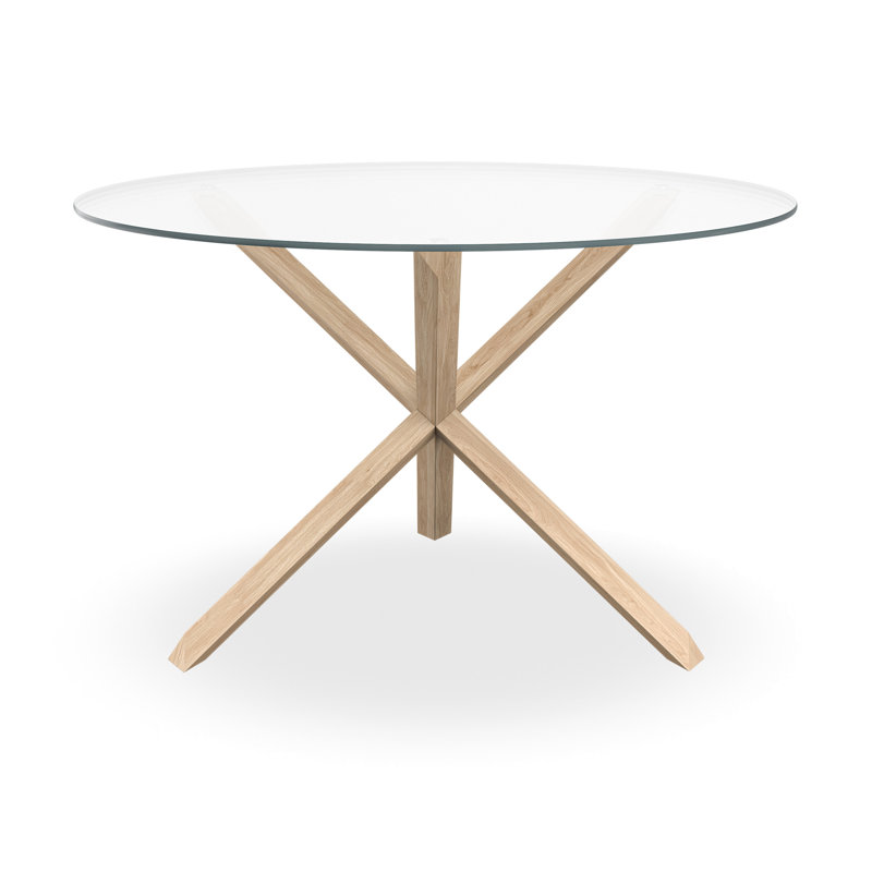 Daryen Round Glass Top Solid Wood Base Dining Table, Tan
