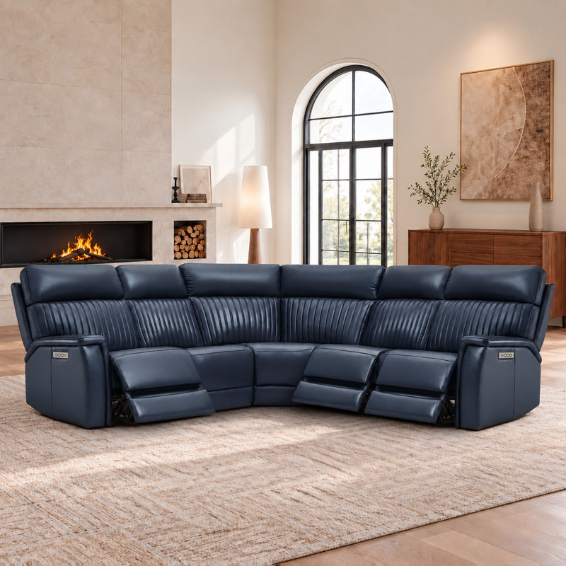 105" Leather Reclining Sectional, 3 Power Recliners, Adjustable Lumbar Support & Headrest, Blue Genuine Leather