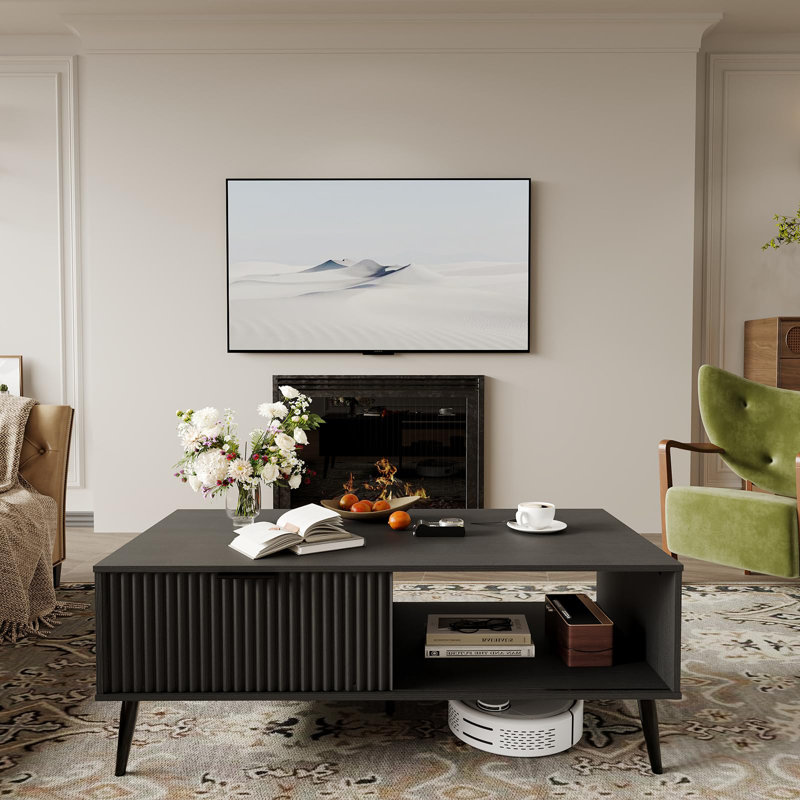 Coffee Table With Storage,Rectangular Wooden Coffee Table With Sliding Door And Solid Wood Legs, Black