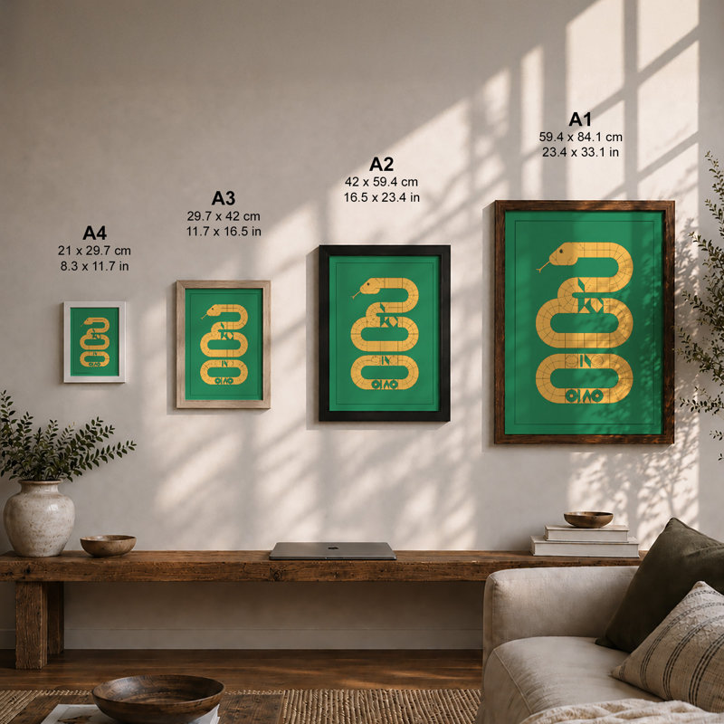 Segmented Serpent Geometric - Framed Print, A4 - 29.7 x 21.0 cm, Oak